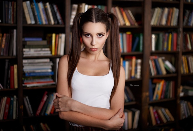 women, Maksim Romanov, portrait, arms crossed, pigtails, books