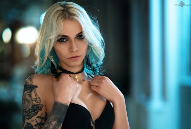 women, blonde, portrait, face, tattoo, dyed hair, blue eyes