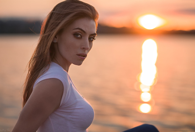 women, sunset, portrait, women outdoors, sea, blonde, depth of field