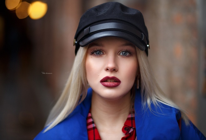 women, blonde, red lipstick, face, portrait, Maksim Romanov, depth of field