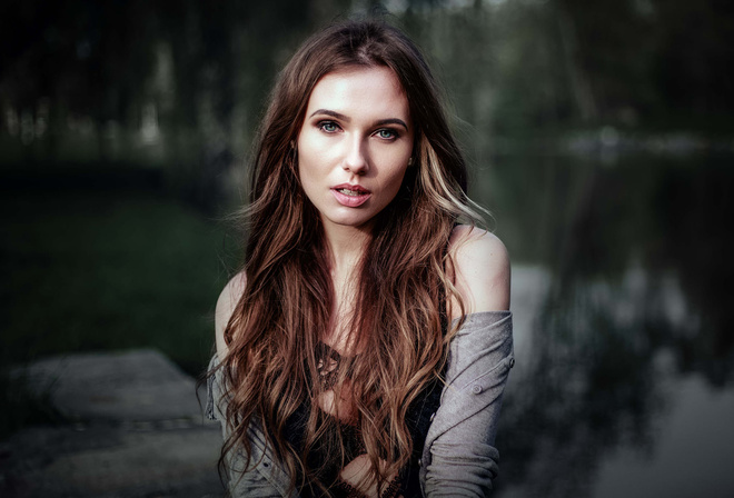 women, face, portrait, depth of field, river, black bras