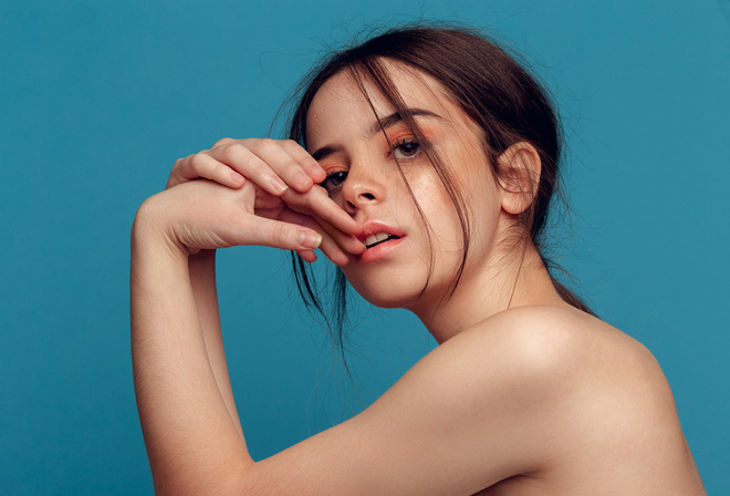 women, portrait, bare shoulders, simple background, face, finger on lips