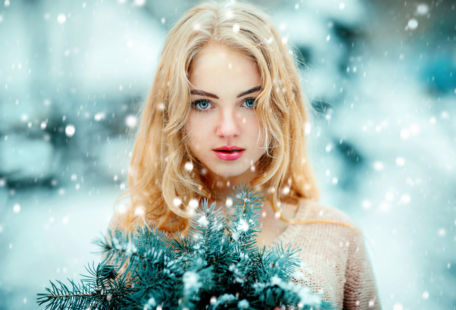 women, face, blonde, portrait, blue eyes, snow, depth of field, red lipstick