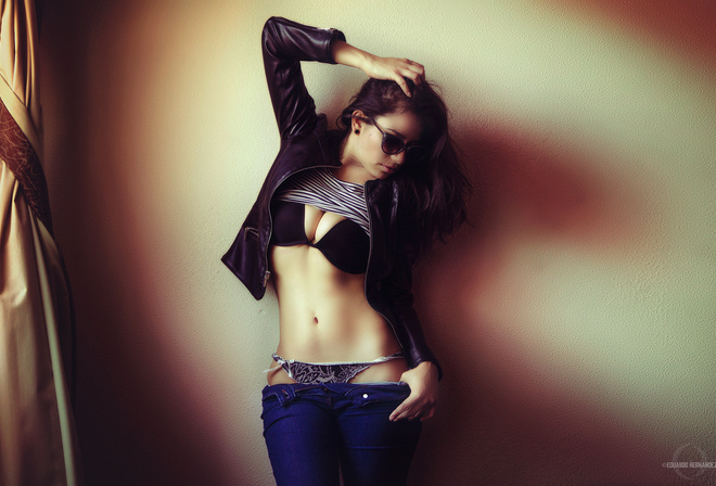 women, belly, black bras, panties, undressing, hips, sunglasses, leather jackets, jeans, portrait, wall