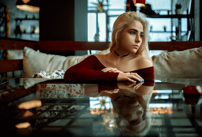 women, blonde, looking away, glass, reflection, portrait, depth of field