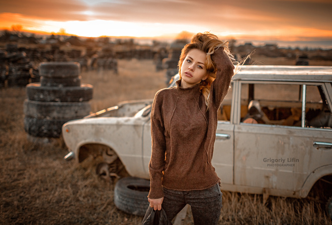 women, Grigoriy Lifin, sunset, blonde, portrait, depth of field, women outdoors