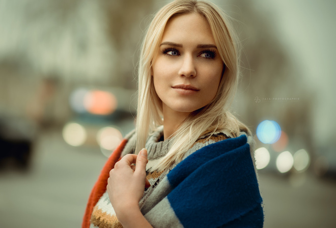 women, blonde, face, portrait, depth of field, looking away, blue eyes