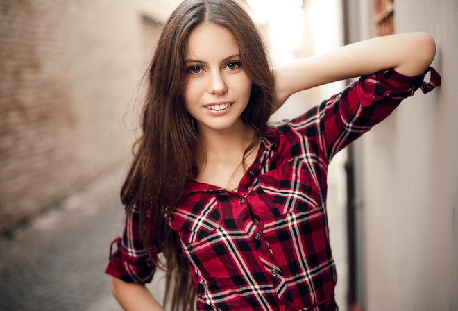 women, face, portrait, depth of field, smiling, shirt, long hair