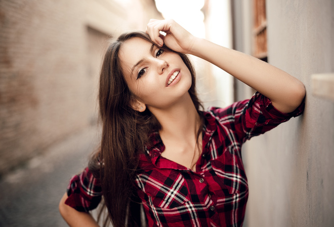 women, face, portrait, shirt, depth of field, smiling