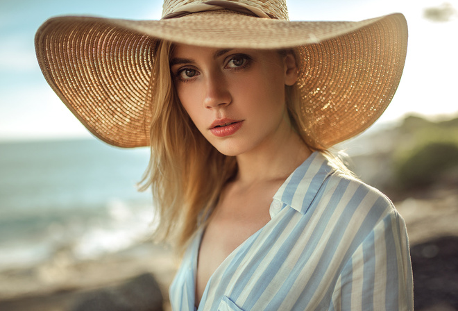 Ksenia Kokoreva, women, blonde, hat, portrait, shirt, depth of field, women outdoors, sea