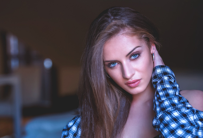 women, face, blue eyes, portrait, depth of field, shirt