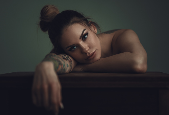 women, face, portrait, tattoo, blue eyes