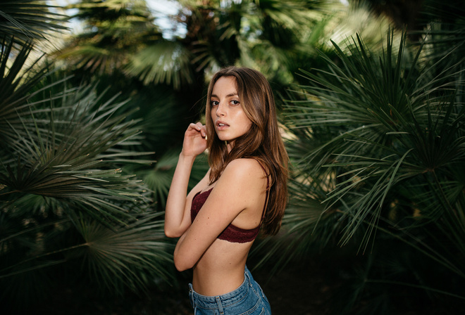 women, brunette, tanned, depth of field, denim