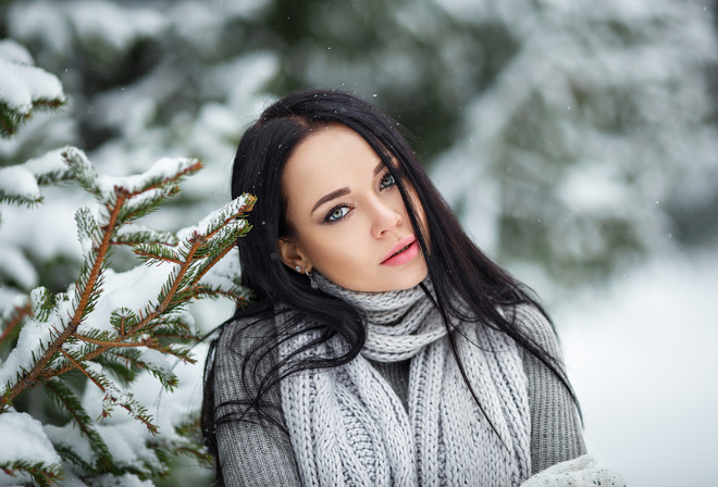 Angelina Petrova, women, snow, scarf, Denis Petrov, depth of field, women outdoors, portrait