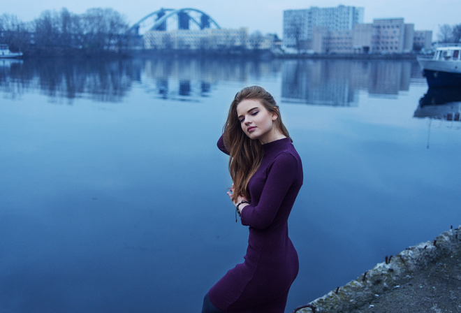 women, portrait, depth of field, closed eyes, water, boat, purple dresses, reflection