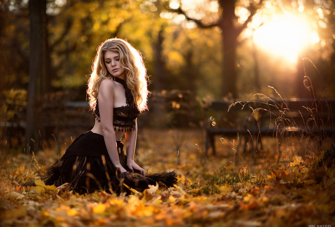 women, blonde, trees, kneeling, depth of field, women outdoors, skirt, leaves, black clothing