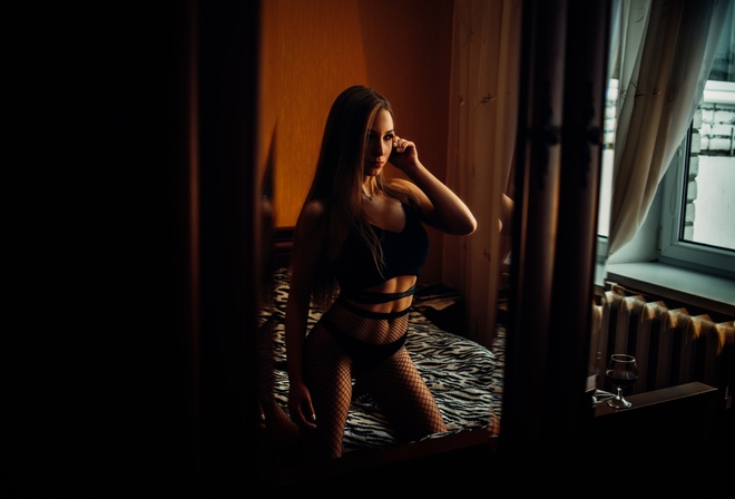 women, tanned, black lingerie, belly, fishnet lingerie, kneeling, in bed, fishnet stockings, white nails, looking away, window, drinking glass, necklace, long hair