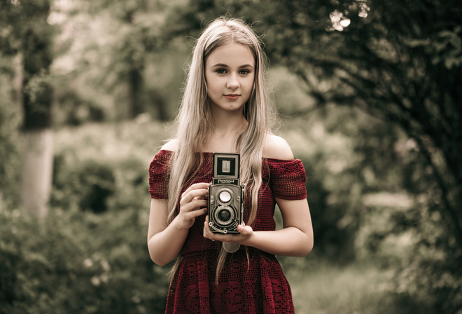 women, camera, blonde, red dress, depth of field, portrait, women outdoors