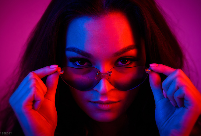 women, face, portrait, women with glasses, neon