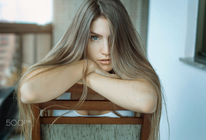 women, face, blonde, chair, portrait, long hair, depth of field, hair in face