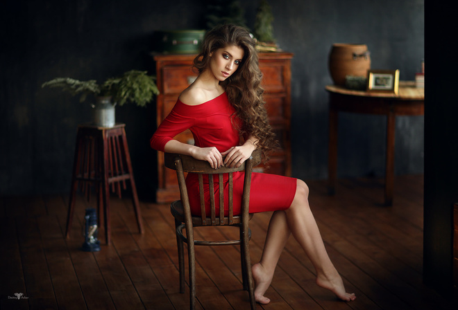 women, chair, portrait, red dress, sitting