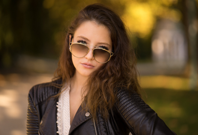 women, sunglasses, portrait, leather jackets, depth of field