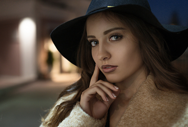 women, face, Sergey Fat, portrait, hat, depth of field