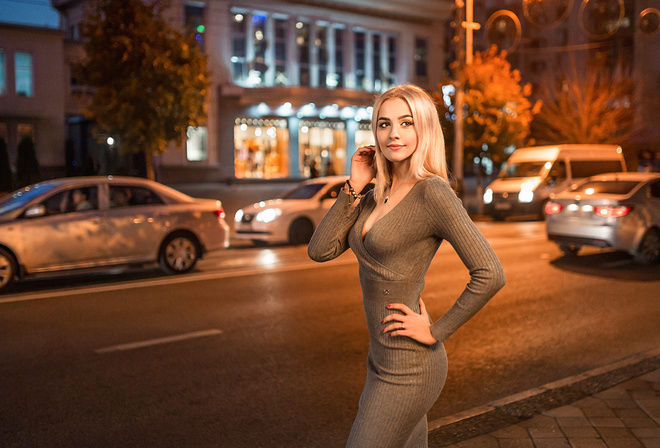 women, portrait, tight dress, blonde, women outdoors, necklace, red nails, smiling, cleavage, depth of field, looking away