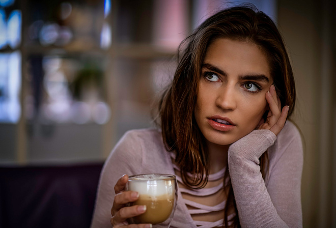 women, face, portrait, depth of field, brunette, cup, looking away, Lily Gilbert