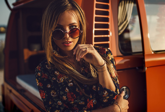 women, blonde, face, portrait, women outdoors, women with glasses, sunglasses, car