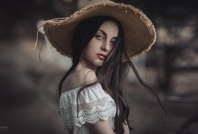 women, face, portrait, Ali Falak, hat, blue eyes, depth of field