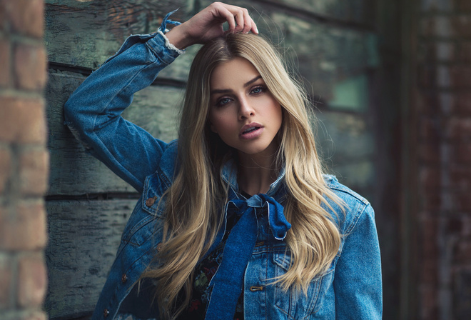 women, blonde, portrait, denim, face, bricks, blue eyes, depth of field