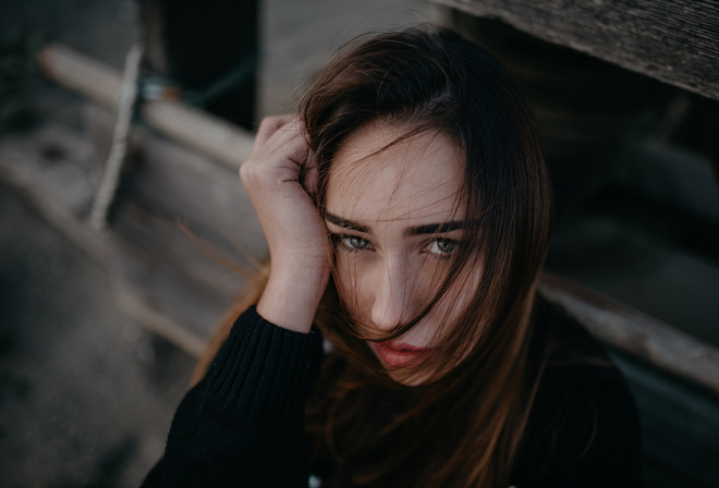 women, face, portrait, red lipstick, hair in face, depth of field