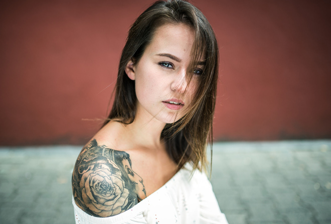 women, face, portrait, tattoo, blue eyes