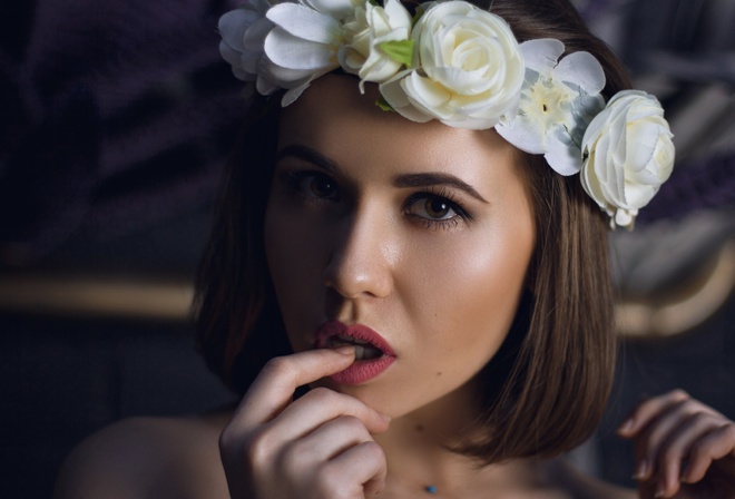 women, crown, flowers, face, portrait, bricks, finger on lips