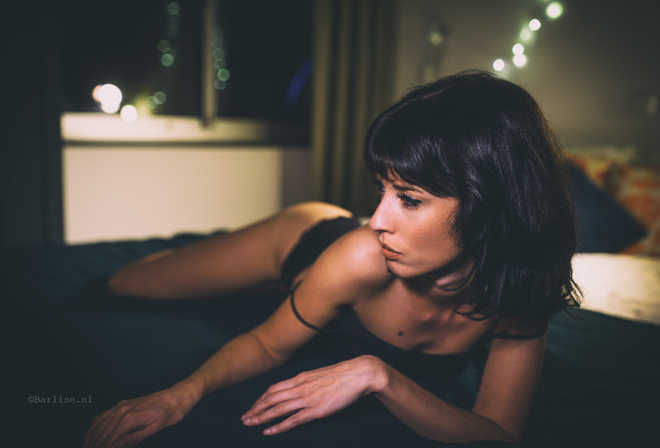 women, tanned, ass, black lingerie, lying on front, looking away, in bed, bokeh