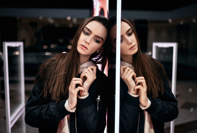 women, portrait, mirror, reflection, painted nails, sweater