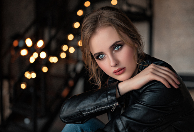 women, portrait, leather jackets, bokeh, blue eyes