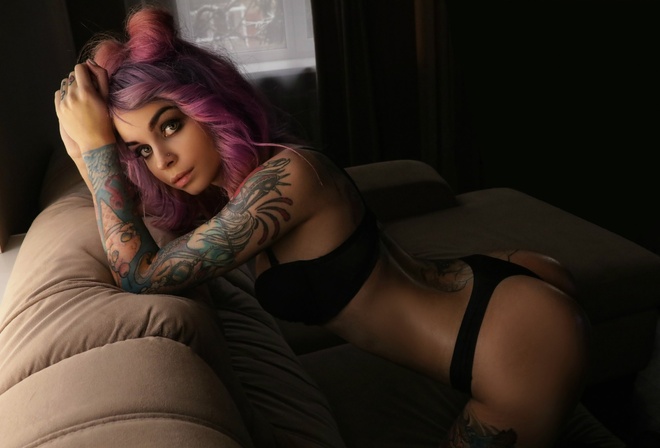 women, dyed hair, kneeling, ass, pierced nose, black lingerie, couch, tattoo, portrait, pink hair, arched back