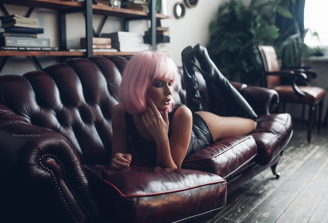 women, wigs, pink hair, monokinis, tanned, knee-high boots, couch, ass, lying on front, plants, books