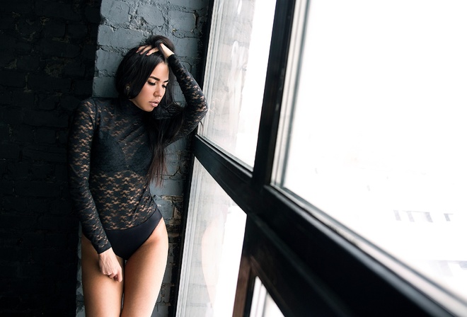 women, window, tanned, black hair, bricks, black lingerie, see-through clothing