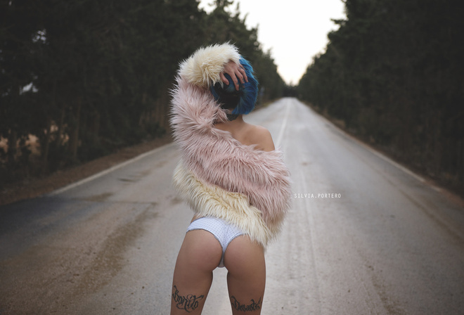 women, fur, road, tattoo, back, white panties, depth of field, women outdoors, brunette, blue hair, dyed hair, ass