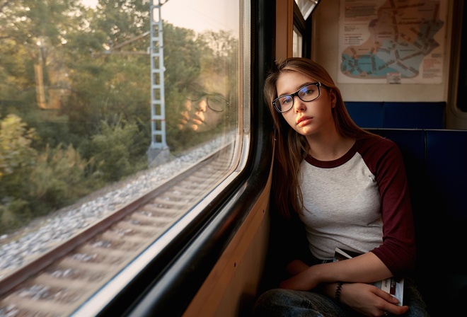 women, blonde, portrait, brunette, women with glasses, shirt, sitting, train