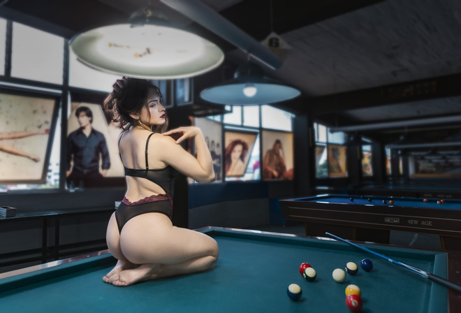 women, ass, kneeling, pool table, back, looking away, red lipstick