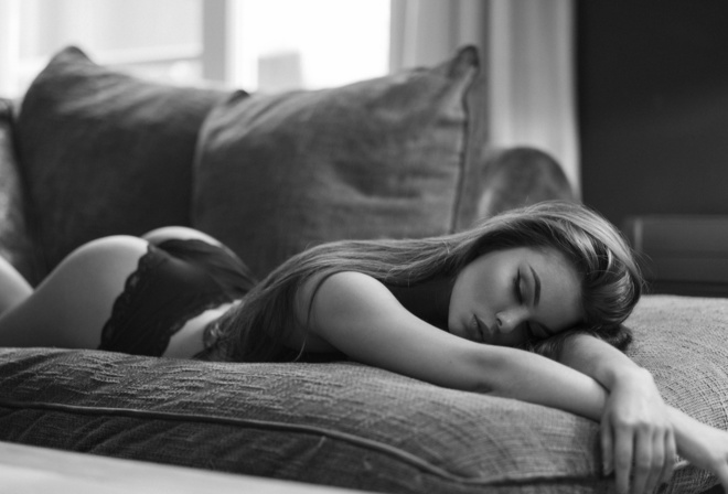 women, eyeliner, black lingerie, ass, couch, lying on front, closed eyes, monochrome, long hair