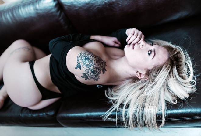 women, blonde, ass, tattoo, couch, black panties, nose rings