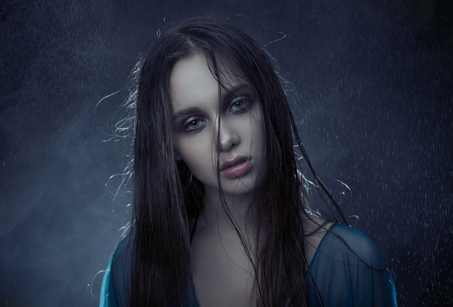 women, face, portrait, rain, water, blue background