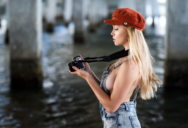 women, blonde, overalls, camera, sideboob, portrait, boobs, depth of field