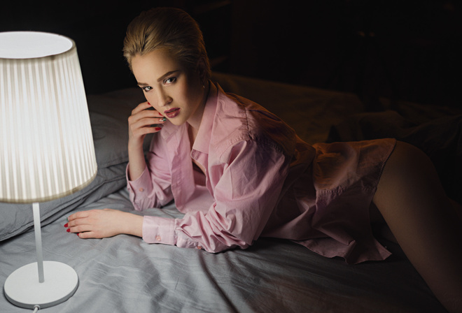 women, Sergey Fat, blonde, lamp, shirt, red nails, in bed, pillow, pink shirt