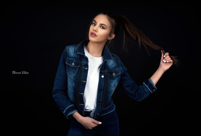 women, portrait, T-shirt, denim, white nails, simple background, gray eyes, black background